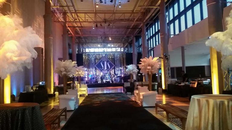 Prom decor with custom black carpet walkway stage backdrop and foam logo sign_sm